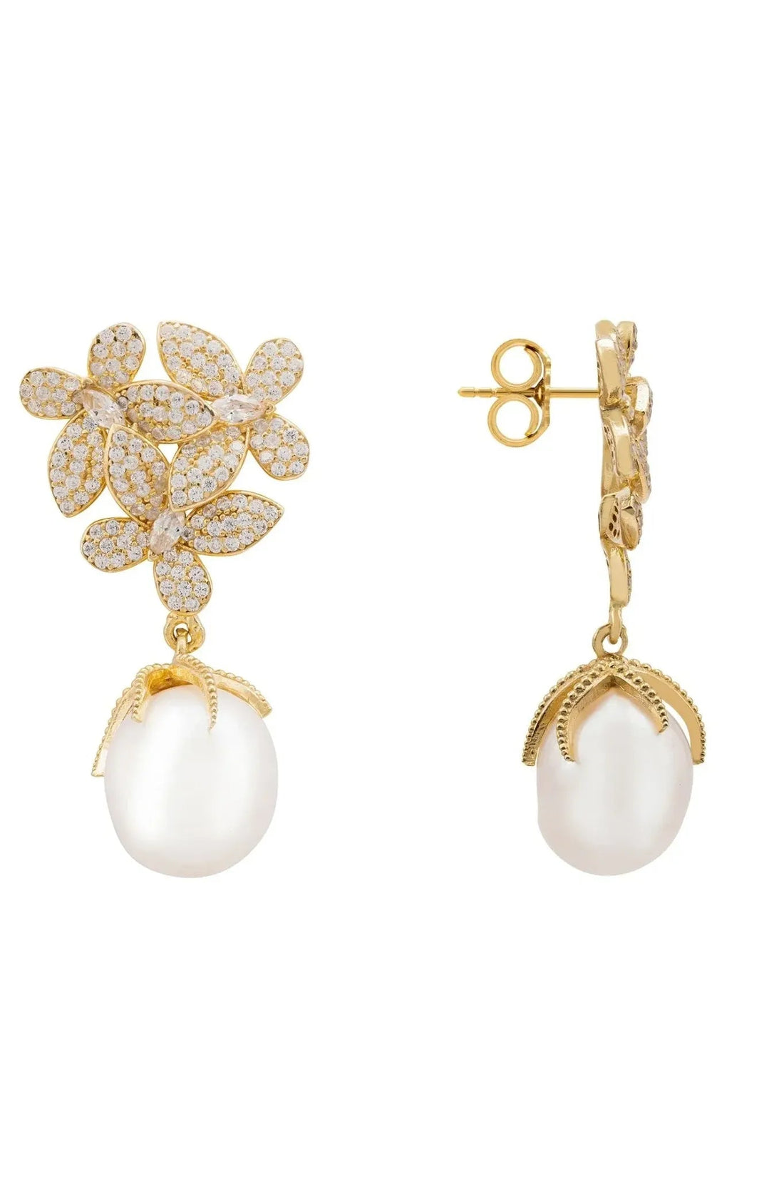 Flowers Pearl Earrings Gold White-2