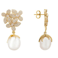 Flowers Pearl Earrings Gold White-2