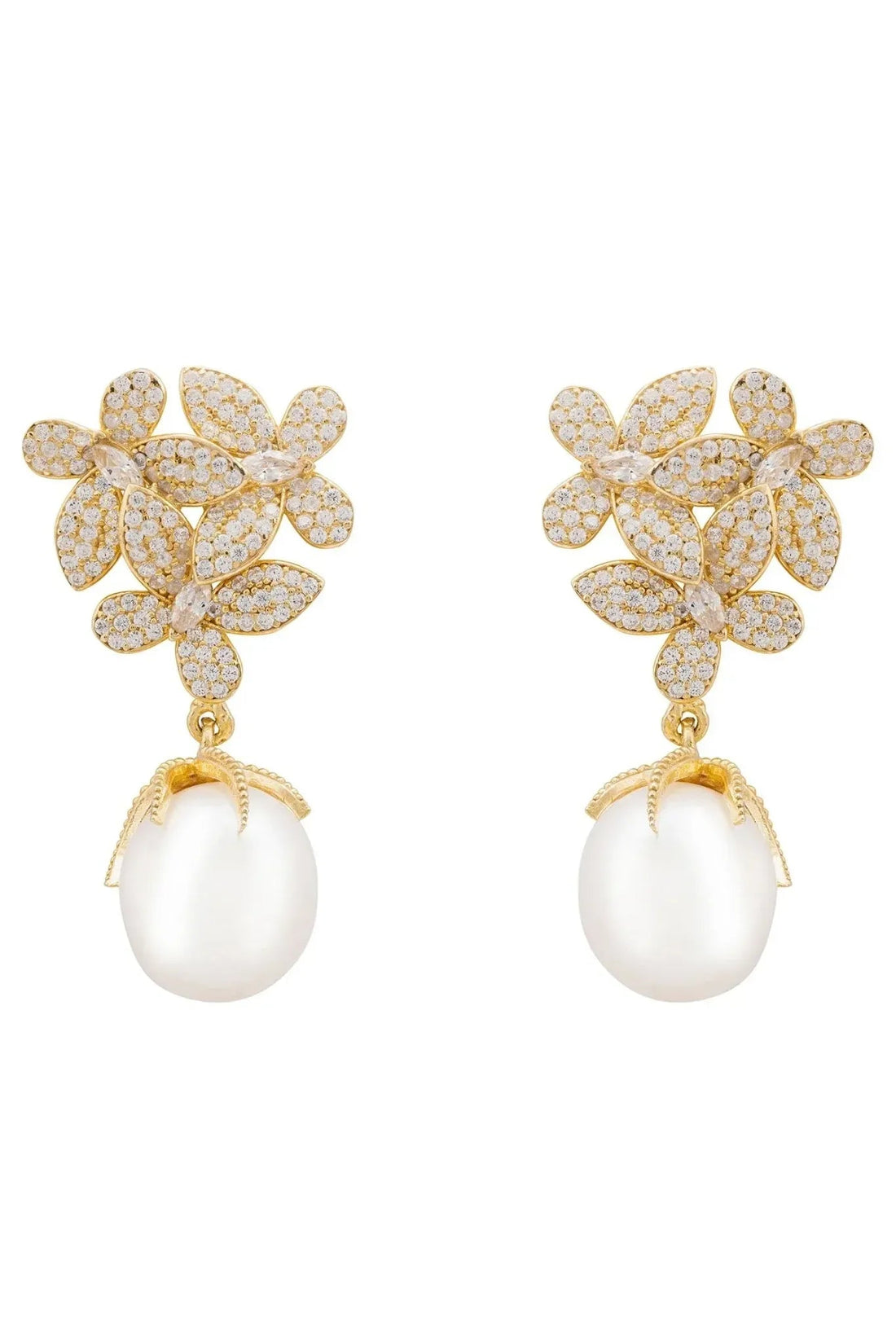 Flowers Pearl Earrings Gold White-0