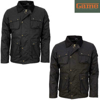 Game Utilitas II wax jacket in black and brown, with corduroy collar and four flap pockets