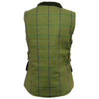 Back of a women's green plaid tweed gilet with adjustable side tabs