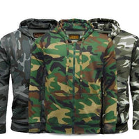 Men's camouflage zip hoodie in green, woodland, and gray color options