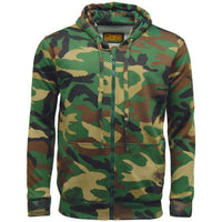 Men's green and brown camouflage zip hoodie with drawstring hood and front pockets