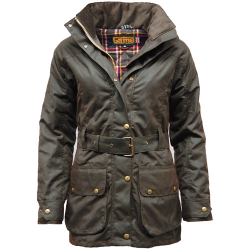 Brown belted waxed jacket with light padding, plaid lining and front flap pockets