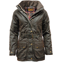 Brown belted waxed jacket with light padding, plaid lining and front flap pockets