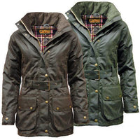 Women's belted waxed jacket in brown and olive, with light padding, button front and flap pockets