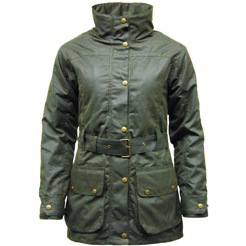 Front of olive belted waxed jacket with light padding, raised collar and flap pockets