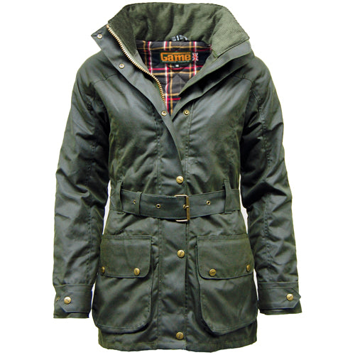 Olive belted waxed jacket with light padding, plaid lining and front flap pockets