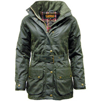 Olive belted waxed jacket with light padding, plaid lining and front flap pockets