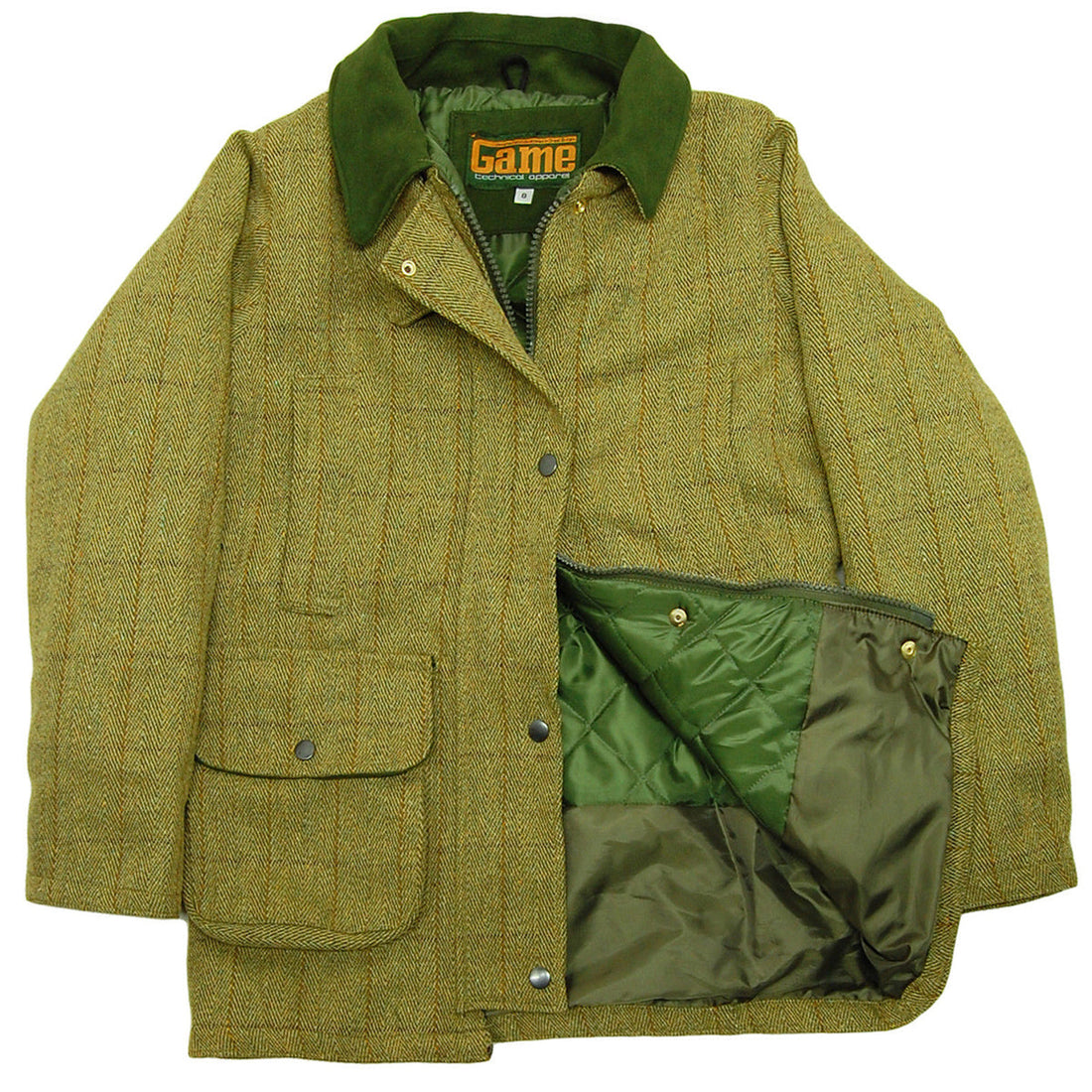 Olive tweed jacket opened to show its green quilted lining and snap-fastened front.
