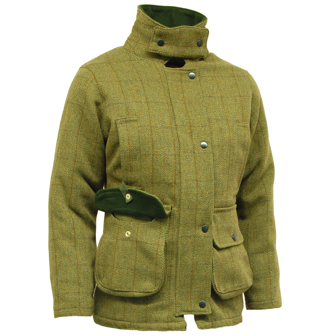 Olive tweed jacket with a raised snap collar, front buttons and flap pockets.