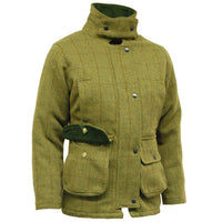 Olive tweed jacket with a raised snap collar, front buttons and flap pockets.