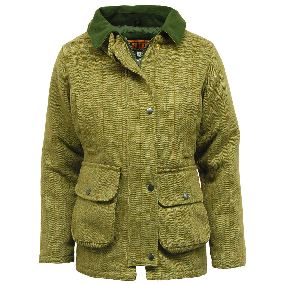 Olive tweed waterproof jacket with dark green collar, front buttons and four flap pockets.