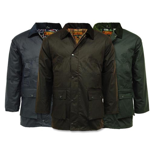 Game Classic padded wax jacket shown in navy, brown and olive