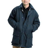 Game Classic navy padded wax jacket worn, showing its long cut and large pockets