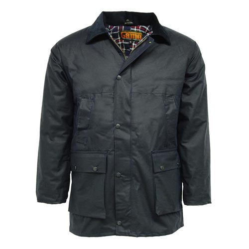 Game Classic navy padded wax jacket with flap pockets and check lining