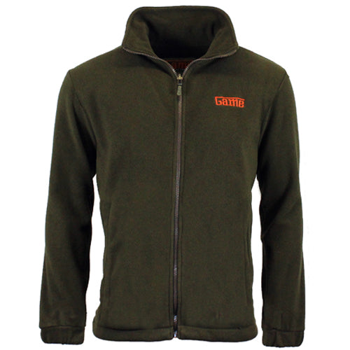 Game EN206 Stealth Fleece green jacket with a full zip, stand collar, and orange chest logo