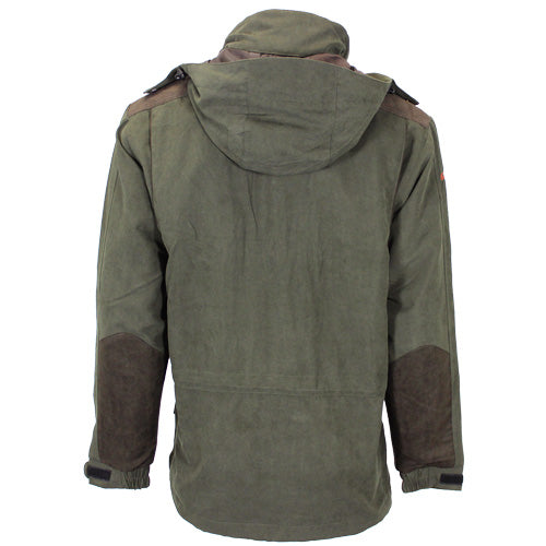 Back of the olive green jacket, showing its hood, brown shoulder panels, and elbow patches.