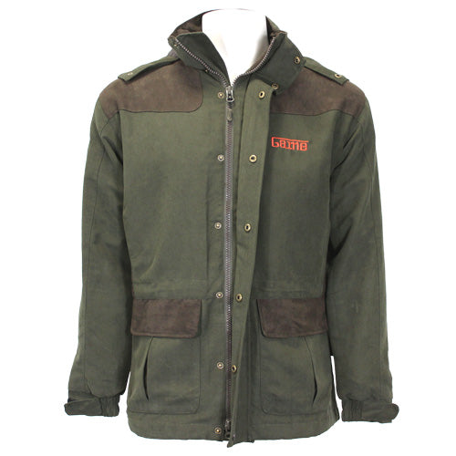 Game HB220 Aston Pro waterproof jacket in olive green with brown shoulder and pocket accents.