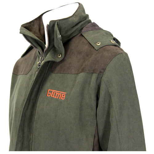 Jacket detail with raised collar, front zip, brown shoulder panel, and Game chest logo.