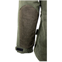Jacket sleeve detail showing a brown elbow patch and adjustable cuff.