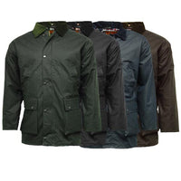 Waxed cotton jacket shown in olive, black, navy, and brown with front pockets