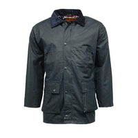 Navy waxed cotton jacket with button front and four pockets