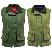 Women's green plaid tweed gilets with front buttons, flap pockets and contrasting linings