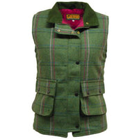 Women's dark green plaid tweed gilet with pink lining, button front and flap pockets