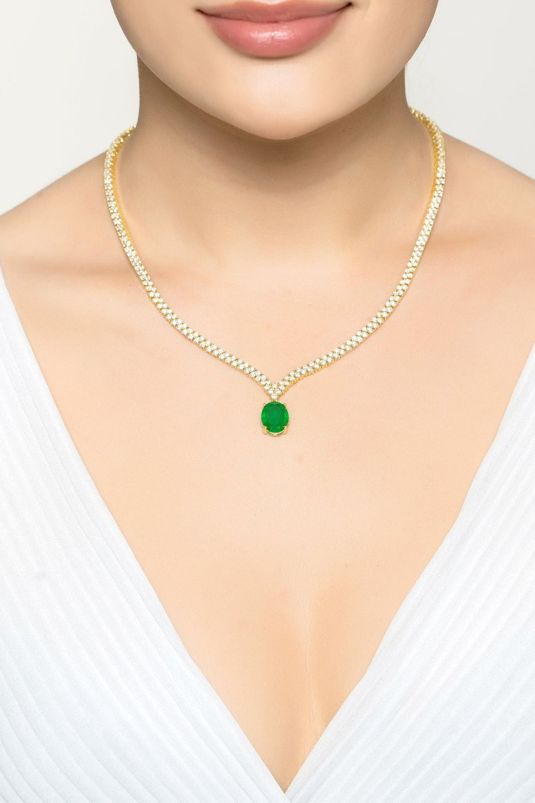 Garbo Oval Gemstone Tennis Necklace Emerald Gold-1