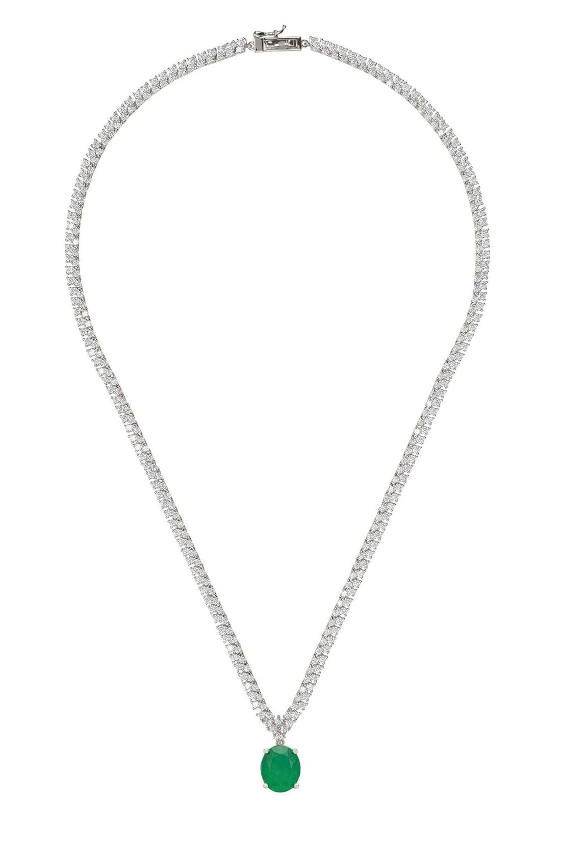 Garbo oval gemstone tennis necklace, silver with emerald green oval pendant