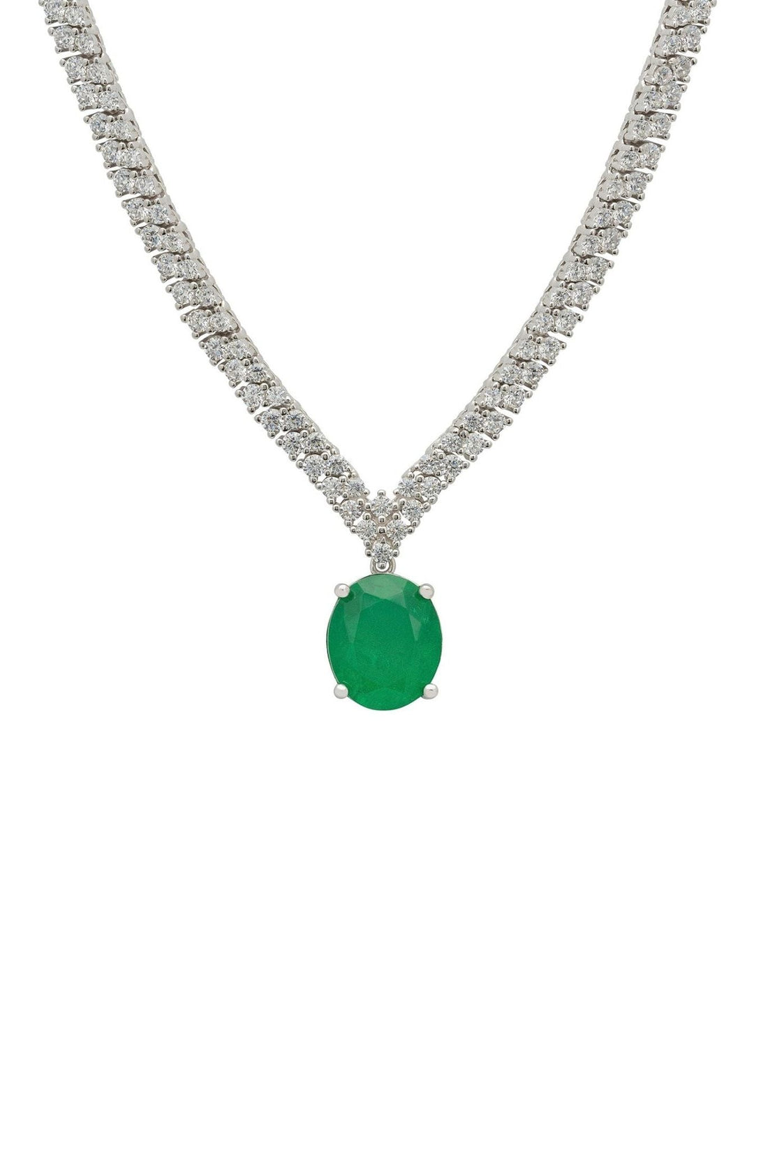 Garbo oval gemstone tennis necklace in silver with oval emerald pendant