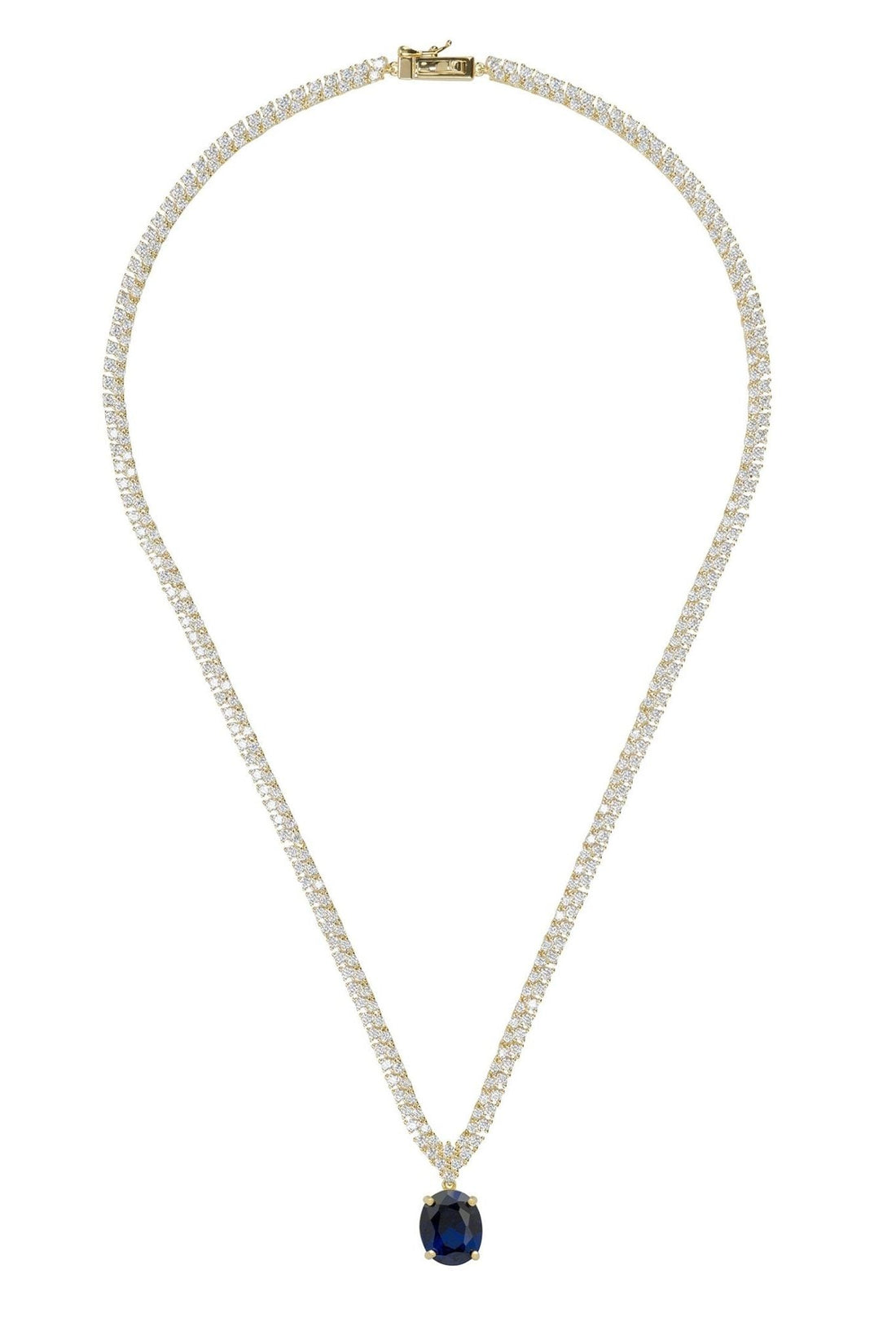 Oval gemstone tennis necklace with gold setting and sapphire drop pendant