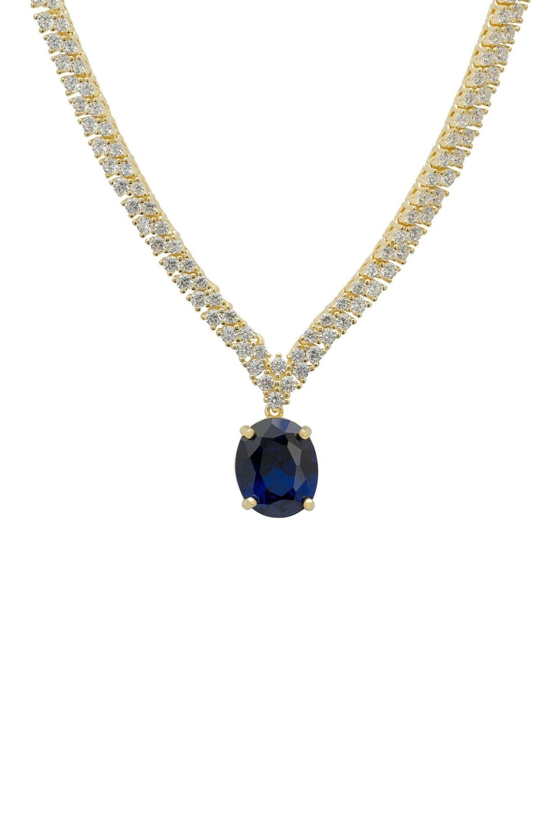 Gold tennis necklace with oval sapphire pendant