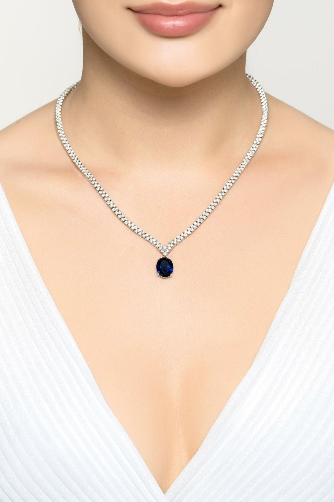 Garbo Oval Gemstone Tennis Necklace Sapphire Silver-1