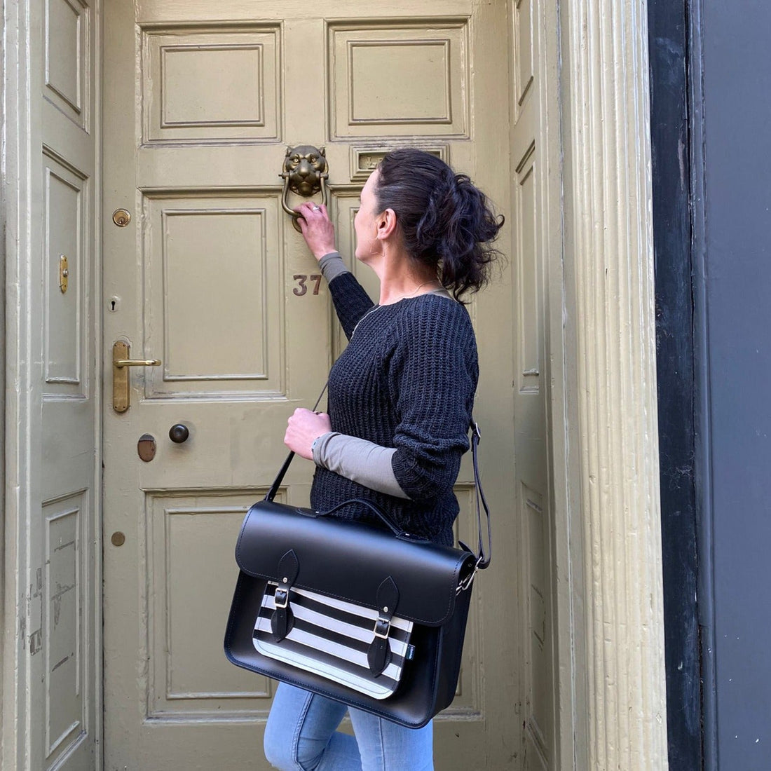 Handmade Leather Satchel - Gothic Striped White & Black-4