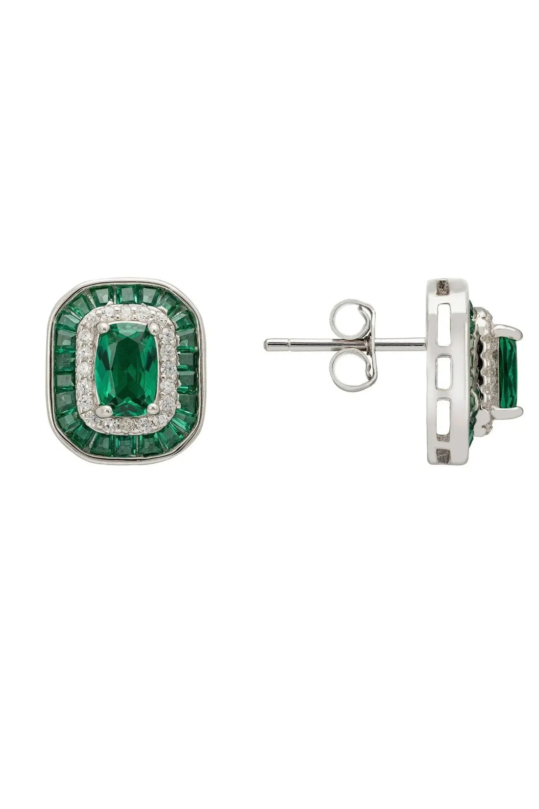 Silver-tone square stud earrings with emerald center stone and push-back clasp