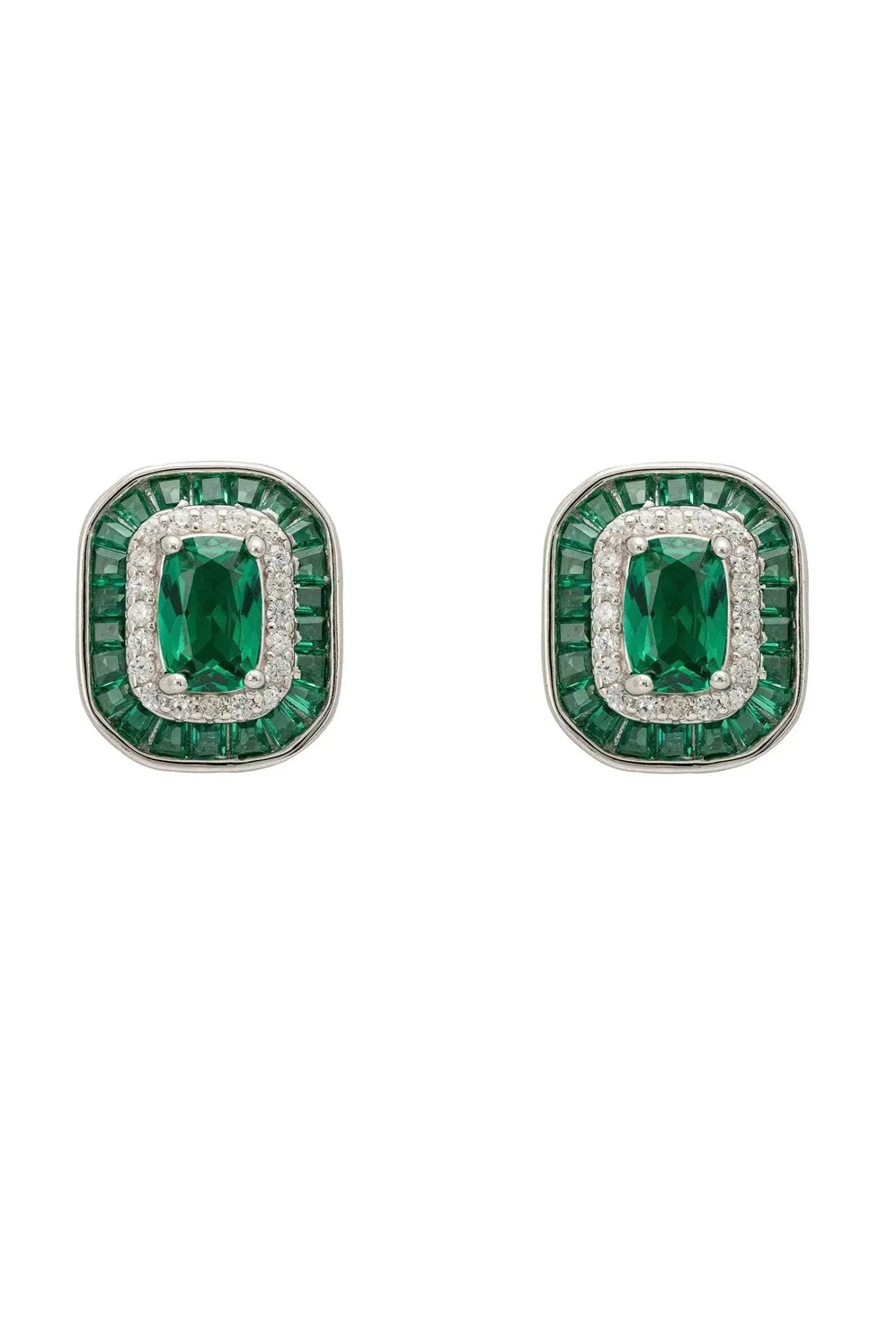 Emerald silver stud earrings with green rectangular stones and halo setting