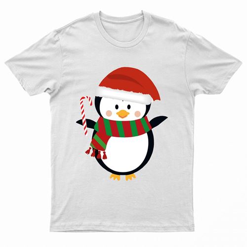 White adult T-shirt with a Santa penguin wearing a striped scarf and holding a candy cane