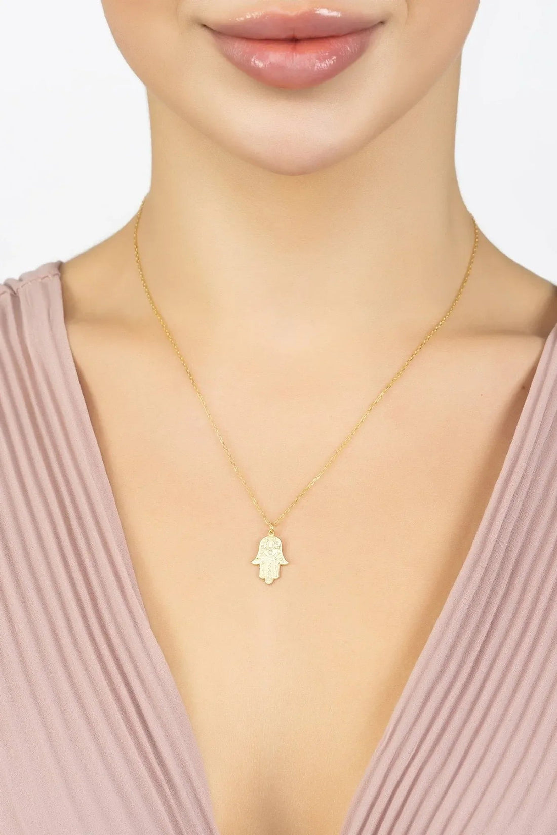 Hamsa Evil Eye Embossed Pendant Necklace Gold-1