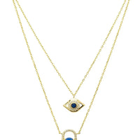 Gold layered hamsa and evil eye pendant necklace with blue enamel accents