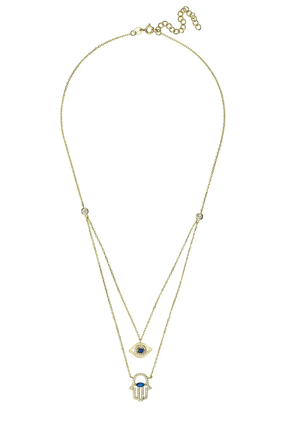 Gold evil eye layered pendant necklace with two chain strands and hamsa charm