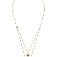 Gold evil eye layered pendant necklace with two chain strands and hamsa charm