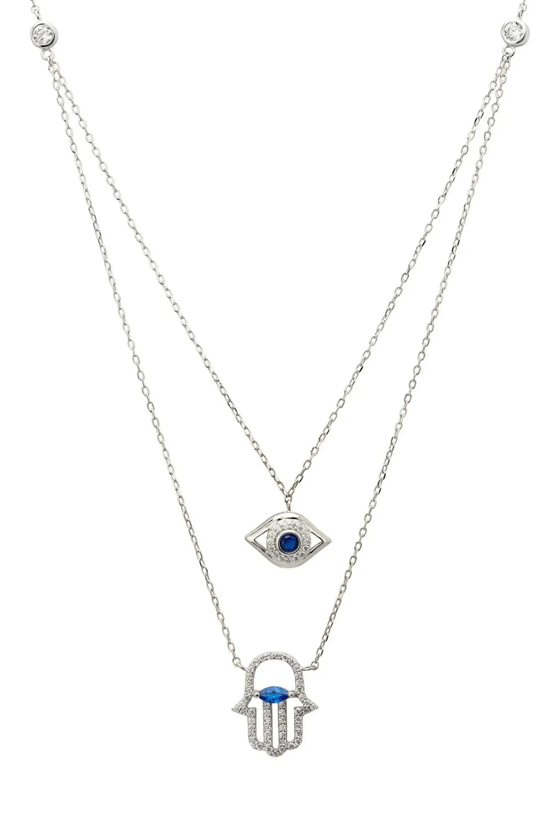 Hamsa Hand And Evil Eye Layered Necklace Silver-0