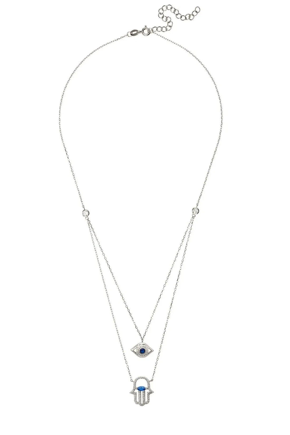 Hamsa Hand And Evil Eye Layered Necklace Silver-2