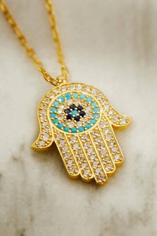 Hamsa Hand With Evil Eye Pendant Necklace Gold-3