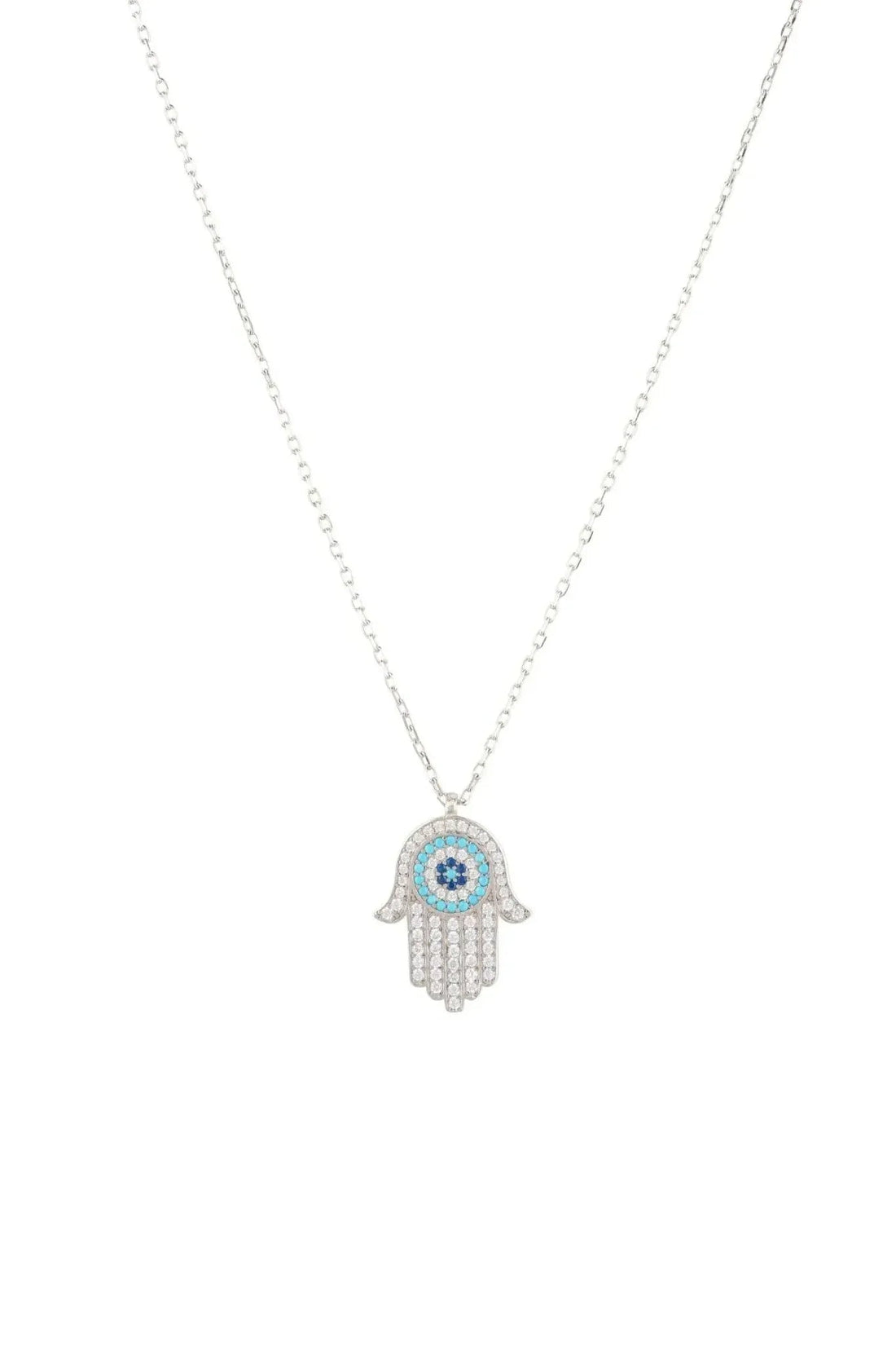 Silver chain necklace with Hamsa hand evil eye pendant, turquoise center