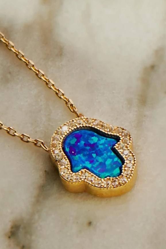 Hamsa opalite turquoise blue gold necklace with pavé halo pendant