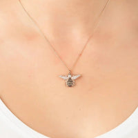 Rose gold honey bee pendant necklace on a fine chain, small crystal details