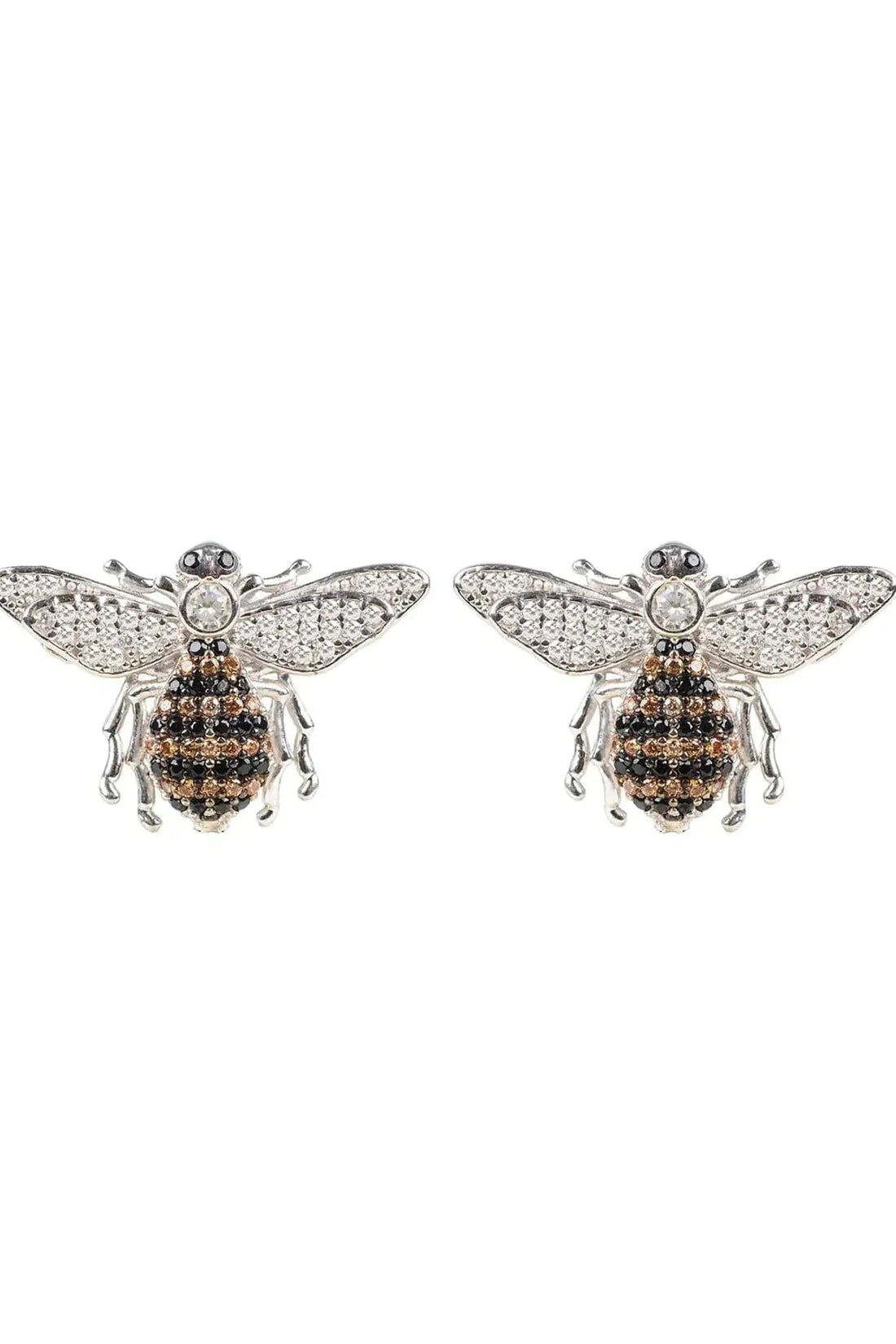Silver honey bee stud earrings with crystal wings and dangling legs detail